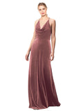 Cinnamon Rose A-Line Halter Cowl Spaghetti Straps Long Sleeveless Stretch Velvet Bridesmaid Dress Kwete