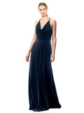 Dark Navy A-Line Halter Cowl Spaghetti Straps Long Sleeveless Stretch Velvet Bridesmaid Dress Kwete