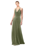 Dark Sage A-Line Halter Cowl Spaghetti Straps Long Sleeveless Stretch Velvet Bridesmaid Dress Kwete