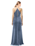 Dusty Blue A-Line Halter Cowl Spaghetti Straps Long Sleeveless Stretch Velvet Bridesmaid Dress Kwete