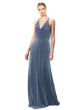 Dusty Blue A-Line Halter Cowl Spaghetti Straps Long Sleeveless Stretch Velvet Bridesmaid Dress Kwete