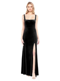 Black A-Line Square Long Sleeveless Stretch Velvet Bridesmaid Dress Violla