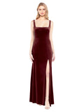 Burgundy A-Line Square Long Sleeveless Stretch Velvet Bridesmaid Dress Violla