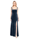 Dark Navy A-Line Square Long Sleeveless Stretch Velvet Bridesmaid Dress Violla