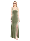 Dark Sage A-Line Square Long Sleeveless Stretch Velvet Bridesmaid Dress Violla