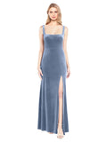 Dusty Blue A-Line Square Long Sleeveless Stretch Velvet Bridesmaid Dress Violla