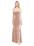 Pink A-Line Square Long Sleeveless Stretch Velvet Bridesmaid Dress Violla