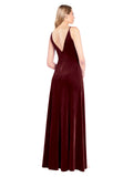 Burgundy A-Line V-Neck Long Sleeveless Stretch Velvet Bridesmaid Dress Jeffery