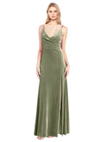 Dark Sage A-Line V-Neck Long Sleeveless Stretch Velvet Bridesmaid Dress Jeffery