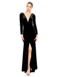 Black A-Line V-Neck Long Long Sleeve Stretch Velvet Bridesmaid Dress Calle