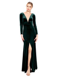 Dark Green A-Line V-Neck Long Long Sleeve Stretch Velvet Bridesmaid Dress Calle