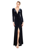 Dark Navy A-Line V-Neck Long Long Sleeve Stretch Velvet Bridesmaid Dress Calle