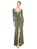 Dark Sage A-Line V-Neck Long Long Sleeve Stretch Velvet Bridesmaid Dress Calle