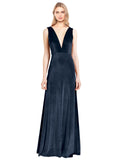 Dark Navy A-Line V-Neck Long Sleeveless Stretch Velvet Bridesmaid Dress Albert