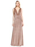 Pink A-Line V-Neck Long Sleeveless Stretch Velvet Bridesmaid Dress Albert