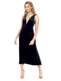 Dark Navy A-Line V-Neck Short Sleeveless Stretch Velvet Bridesmaid Dress Albany