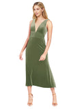 Dark Sage A-Line V-Neck Short Sleeveless Stretch Velvet Bridesmaid Dress Albany