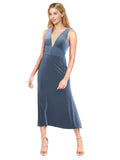 Dusty Blue A-Line V-Neck Short Sleeveless Stretch Velvet Bridesmaid Dress Albany