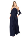 RightBrides Affaneh Dark Navy A-Line Halter High Neck Cold Shoulder Long Bridesmaid Dress Affaneh