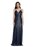 Dark Navy V-Neck Long Sleeveless Sequin Bridesmaid Dress Adrielle