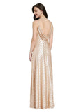 Gold V-Neck Long Sleeveless Sequin Bridesmaid Dress Adrielle