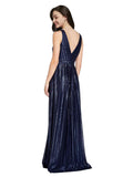 Dark Navy V-Neck Long Sleeveless Sequin Bridesmaid Dress Linden