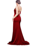 Long Stretch Satin Sheath Cowl Spaghetti Straps Sleeveless Burgundy Bridesmaid Dress Rosado