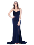 Long Stretch Satin Sheath Cowl Spaghetti Straps Sleeveless Dark Navy Bridesmaid Dress Rosado