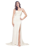 Long Stretch Satin Sheath Cowl Spaghetti Straps Sleeveless Ivory Bridesmaid Dress Rosado