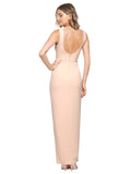 Long Sheath Square Floor Length Sleeveless Nude Pink Stretch Crepe Bridesmaid Dress Bohon