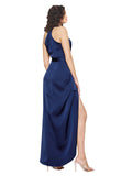 Long Silky Satin A-Line Halter High Neck Sleeveless Sapphire Bridesmaid Dress Salto