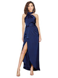 Long Silky Satin A-Line Halter High Neck Sleeveless Sapphire Bridesmaid Dress Salto