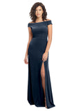 Dark Navy A-Line Square Long Cap Sleeves Stretch Velvet Bridesmaid Dress Marshall