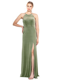 Dark Sage A-Line Jewel, Spaghetti Straps Long Sleeveless Stretch Velvet Bridesmaid Dress Payne