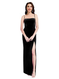 Black Sheath Square Spaghetti Straps Long Sleeveless Stretch Velvet Bridesmaid Dress Wrenley