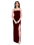 Burgundy Sheath Square Spaghetti Straps Long Sleeveless Stretch Velvet Bridesmaid Dress Wrenley