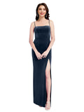 Dark Navy Sheath Square Spaghetti Straps Long Sleeveless Stretch Velvet Bridesmaid Dress Wrenley