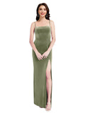 Dark Sage Sheath Square Spaghetti Straps Long Sleeveless Stretch Velvet Bridesmaid Dress Wrenley