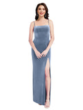 Dusty Blue Sheath Square Spaghetti Straps Long Sleeveless Stretch Velvet Bridesmaid Dress Wrenley