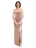 Pink Sheath Square Spaghetti Straps Long Sleeveless Stretch Velvet Bridesmaid Dress Wrenley