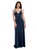 Dark Navy A-Line V-Neck Long Sleeveless Stretch Velvet Bridesmaid Dress Carter