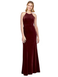 Burgundy A-Line Halter High Neck Long Sleeveless Stretch Velvet Bridesmaid Dress Salem