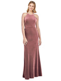 Cinnamon Rose A-Line Halter High Neck Long Sleeveless Stretch Velvet Bridesmaid Dress Salem