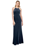 Dark Navy A-Line Halter High Neck Long Sleeveless Stretch Velvet Bridesmaid Dress Salem