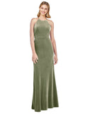 Dark Sage A-Line Halter High Neck Long Sleeveless Stretch Velvet Bridesmaid Dress Salem