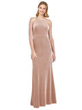 Pink A-Line Halter High Neck Long Sleeveless Stretch Velvet Bridesmaid Dress Salem