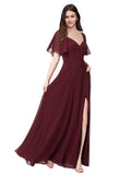 Burgundy Gold A-Line Sweetheart Flutter Sleeves, Short Sleeves Long Bridesmaid Dress Eister