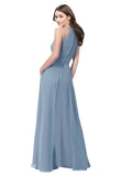 Dusty Blue A-Line Halter, High Neck Sleeveless Long Bridesmaid Dress Kaycee