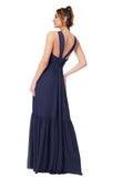 RightBrides Alleesha Dark Navy A-Line V-Neck Sleeveless Long Bridesmaid Dress