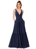 RightBrides Alleesha Dark Navy A-Line V-Neck Sleeveless Long Bridesmaid Dress